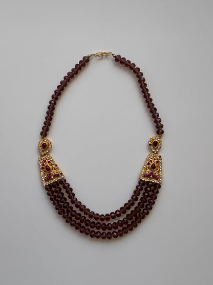 Vintage Jewellery Set Triple Strand Amethyst Crystal Bead Necklace with Rhinestone Gold Earrings