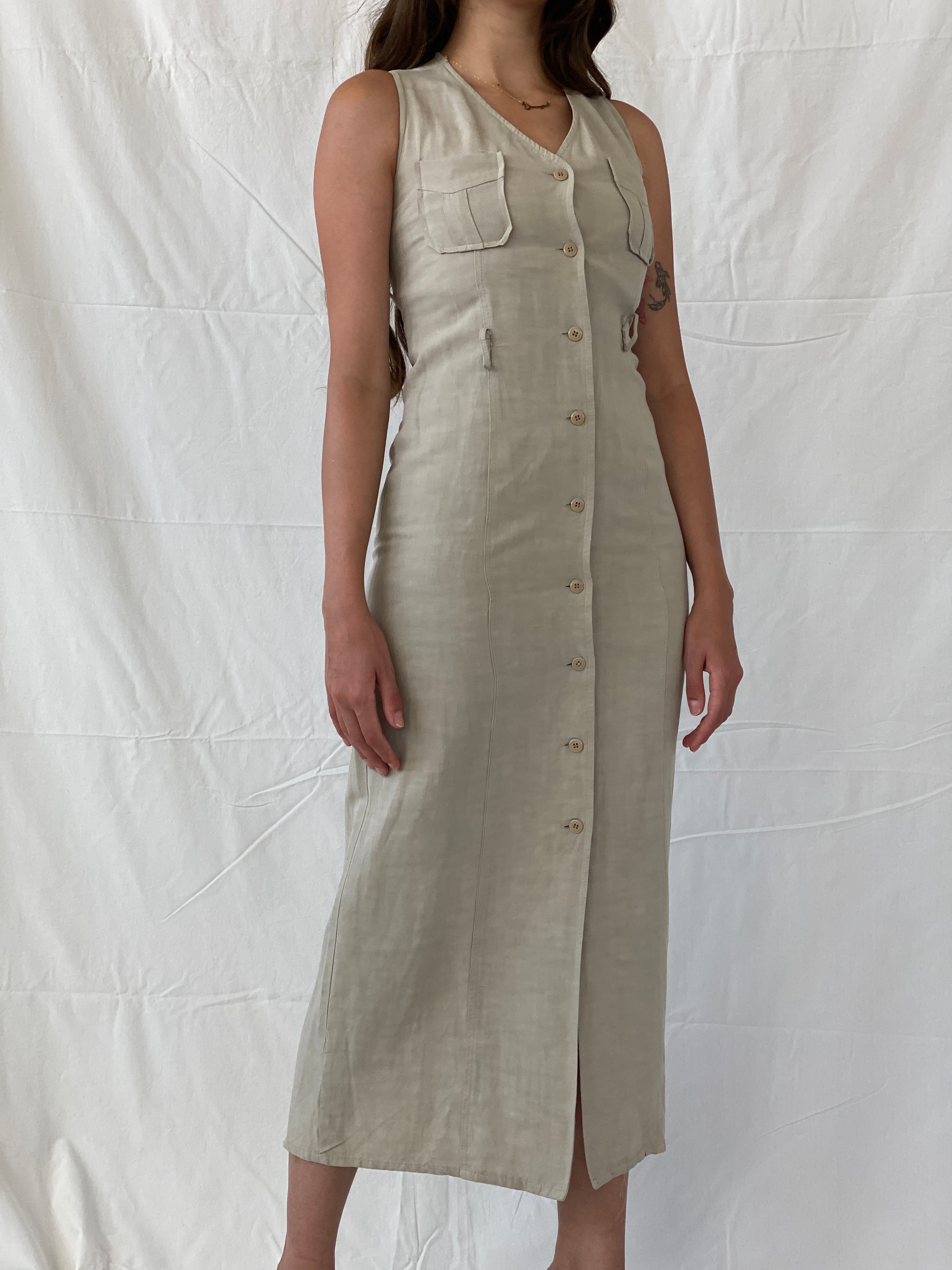 Early 00s Zara Woman Linen Button Down Maxi Beige Dress - S