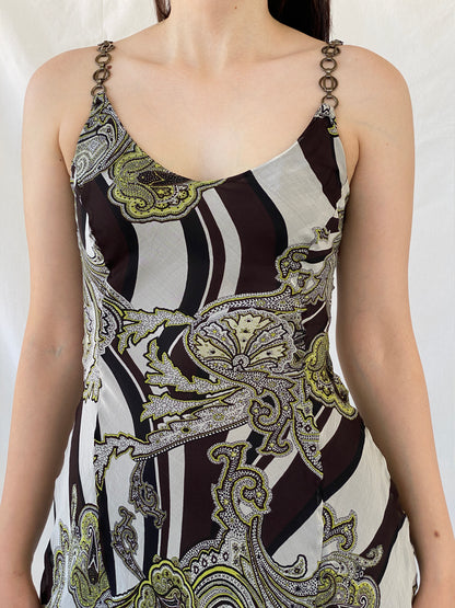 Gorgeous Claudia Sträter Paisley Print Brown Green Silk Sleeveless Summer Vacation Midi Dress - S