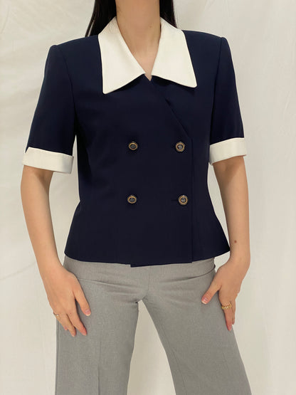 Vintage Kasper for ASL Navy White Tailored Short Sleeve Blazer - M