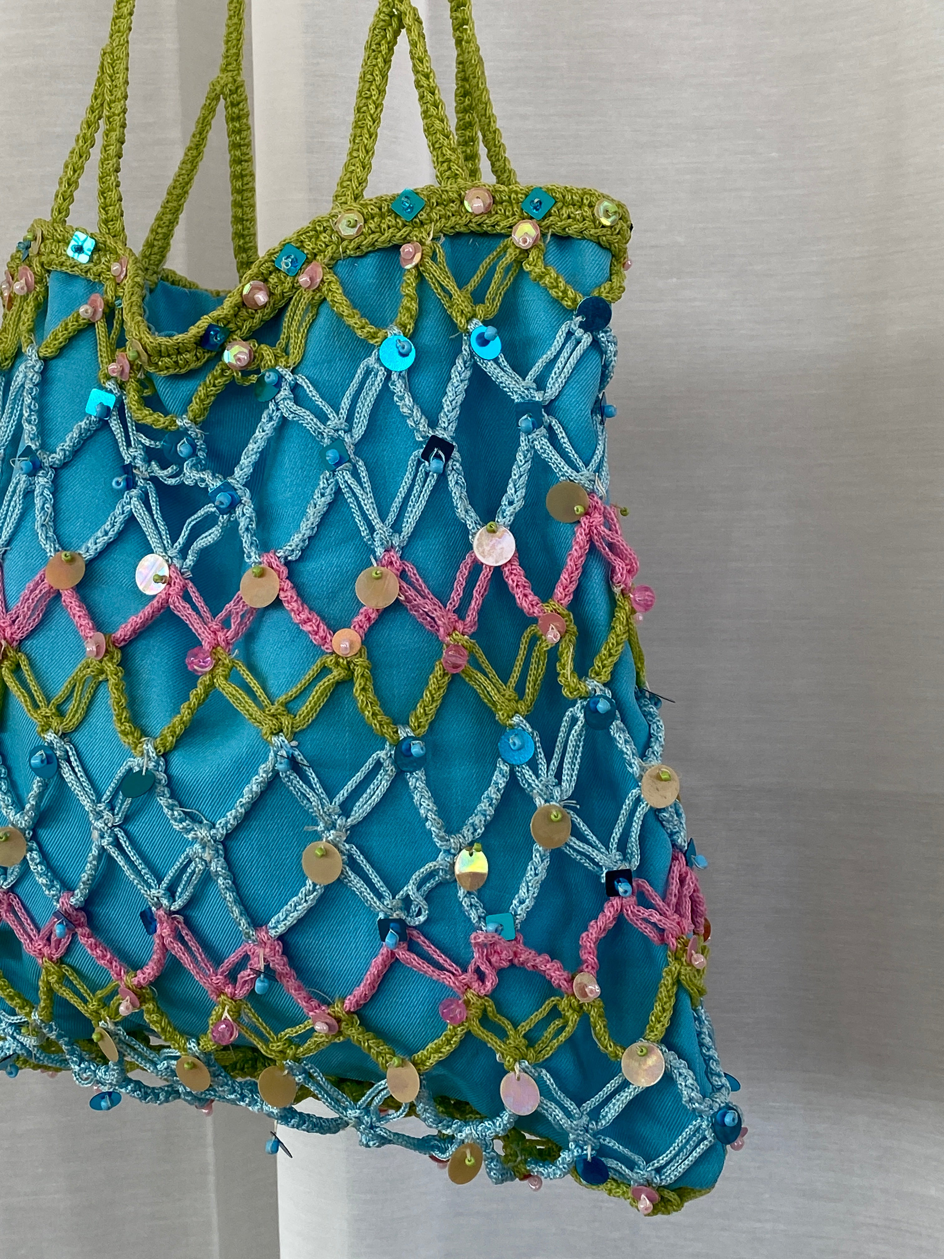 Sequin Blue Handmade Fishnet Crochet Bucket Summery Tote Bag