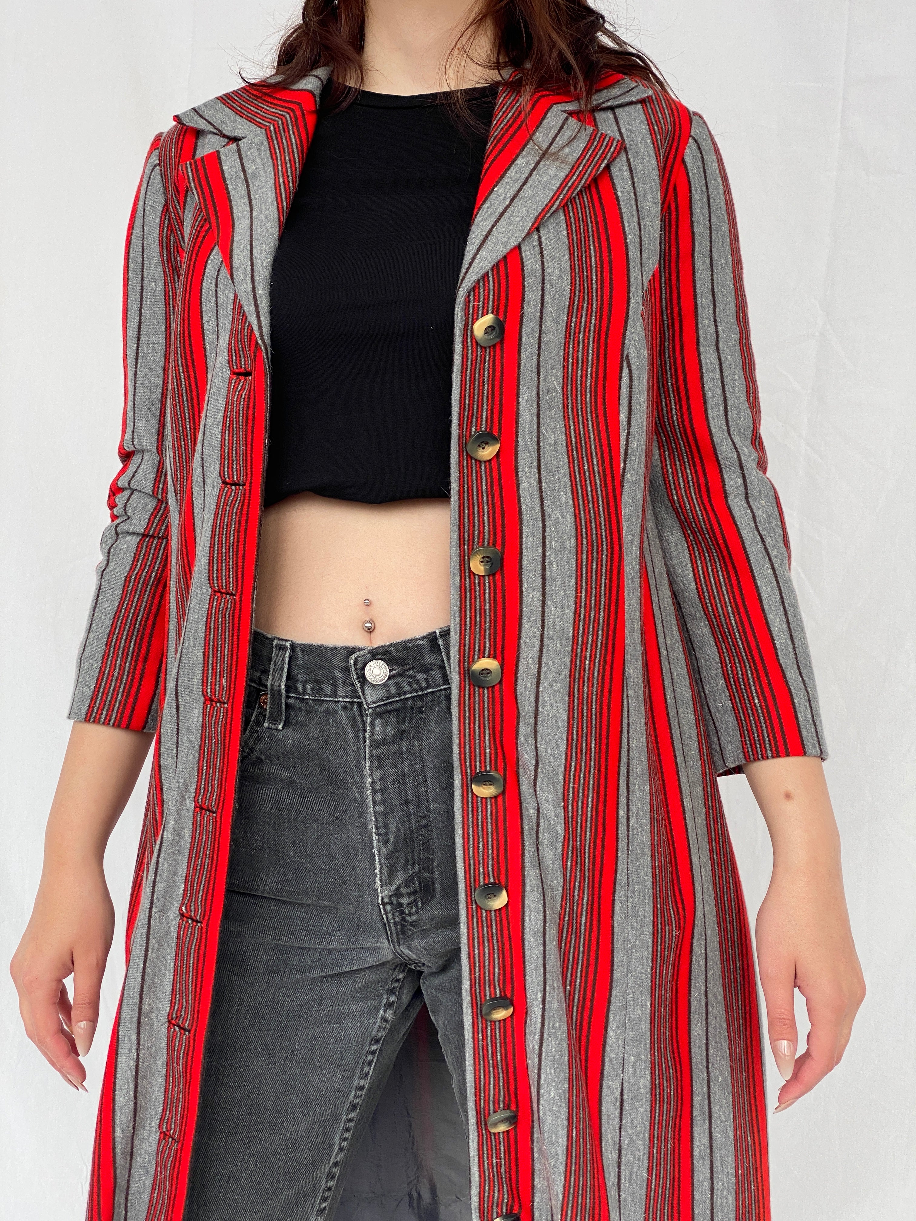 Y2K Red & Gray Striped Long Blazer - M