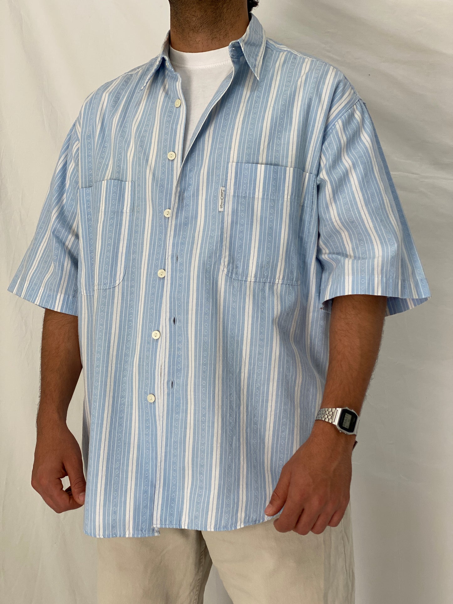 Vintage Levi’s Silver Label Blue Striped Short Sleeve Shirt Oversized 90s Minimal Button Up - L