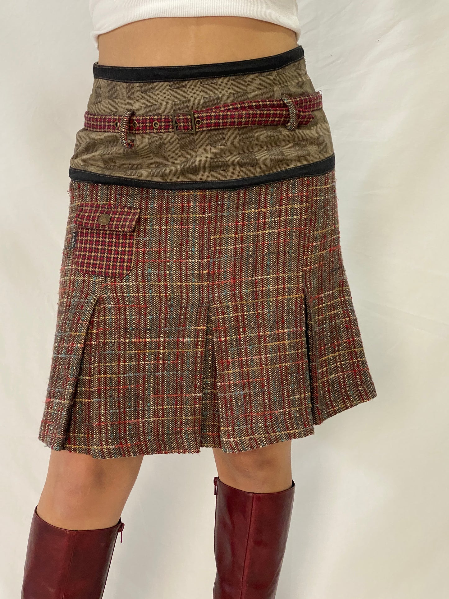 Beautiful Not The Same Red Brown Tweed Pleated Short Belted Skirt - M