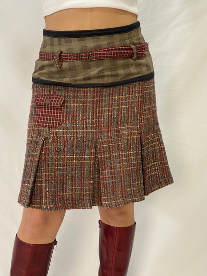 Beautiful Not The Same Red Brown Tweed Pleated Short Belted Skirt - M
