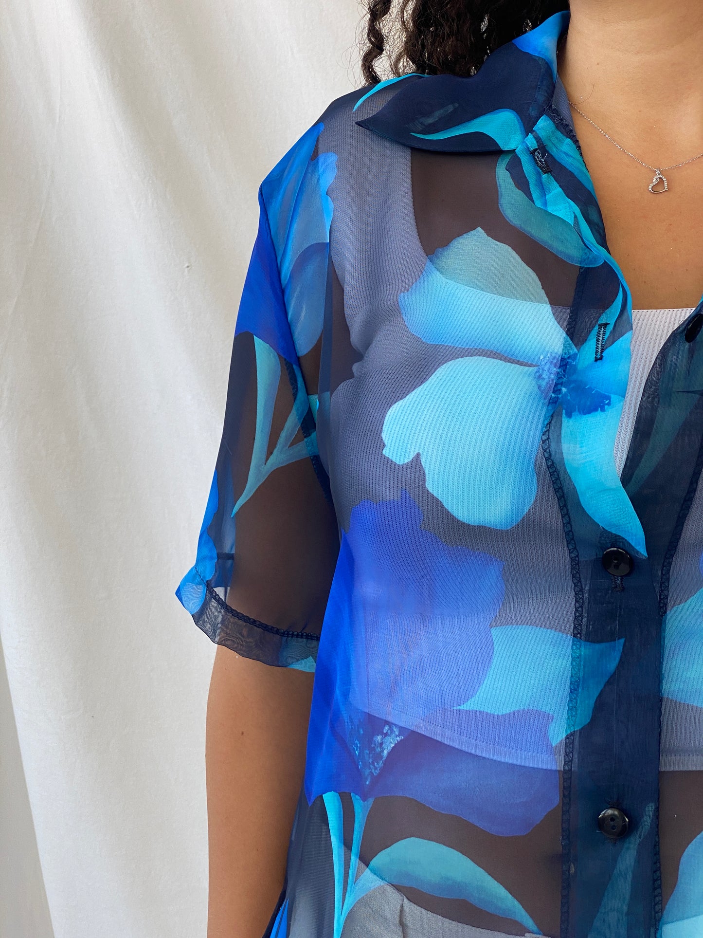 Vintage Blue Floral Sheer Chiffon Half-Sleeve Shirt - XL