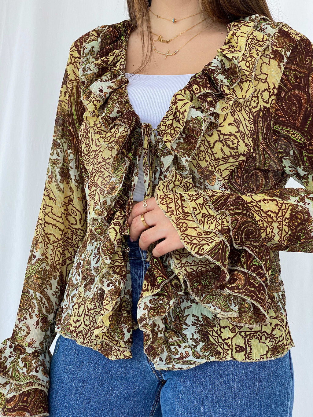 Y2K H Good Feeling Floral Sheer Ruffled Cardigan Size XL - Balagan Vintage Cardigan cardigan, floral, floral mesh, full sleeve shirt, Juana, NEW IN, women skirt