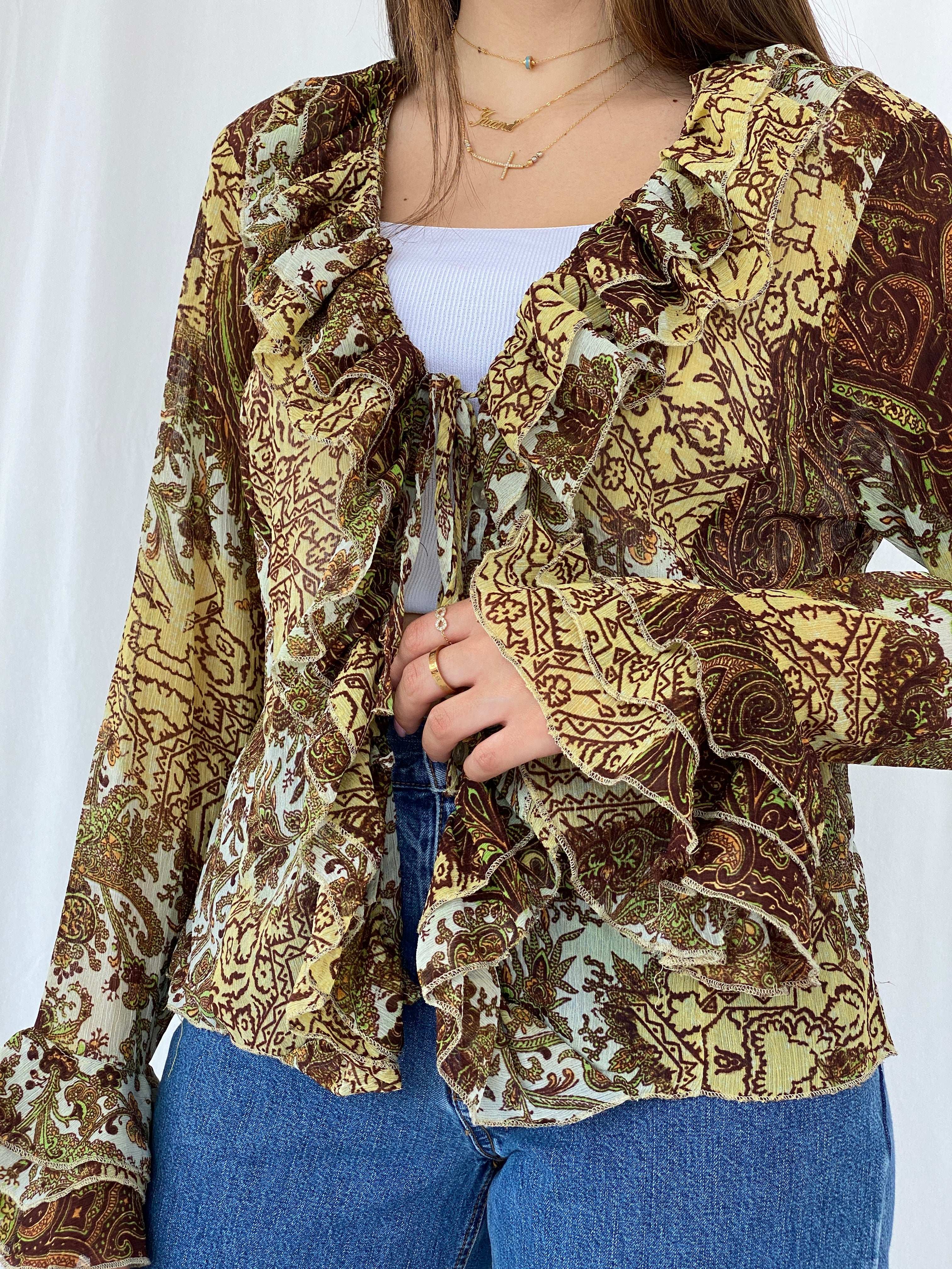 Y2K H Good Feeling Floral Sheer Ruffled Cardigan Size XL - Balagan Vintage Cardigan cardigan, floral, floral mesh, full sleeve shirt, Juana, NEW IN, women skirt