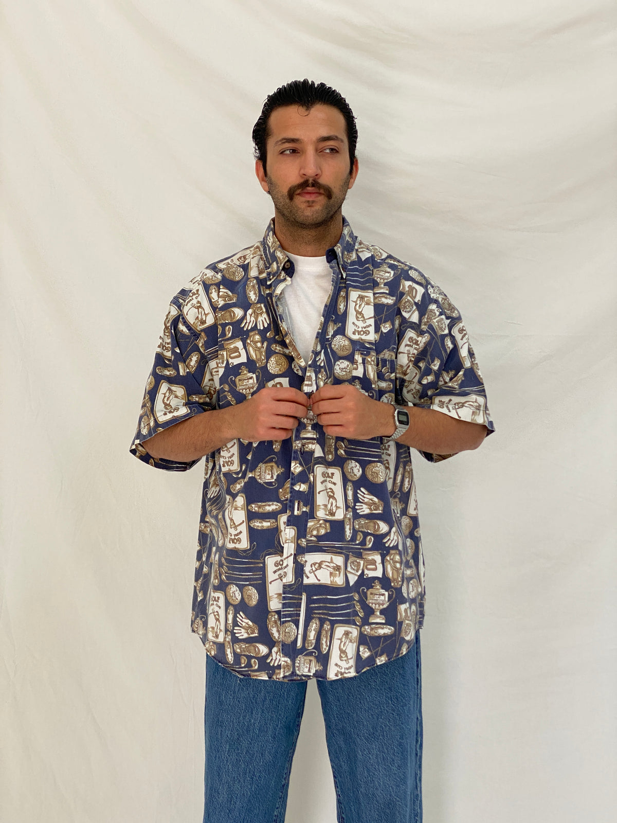 Vintage J.Riggings Golf Print Cotton Shirt Blue Beige Novelty Button Up – XL Vintage J.Riggings Golf Print Cotton Shirt Blue Beige Novelty Button Up – XL