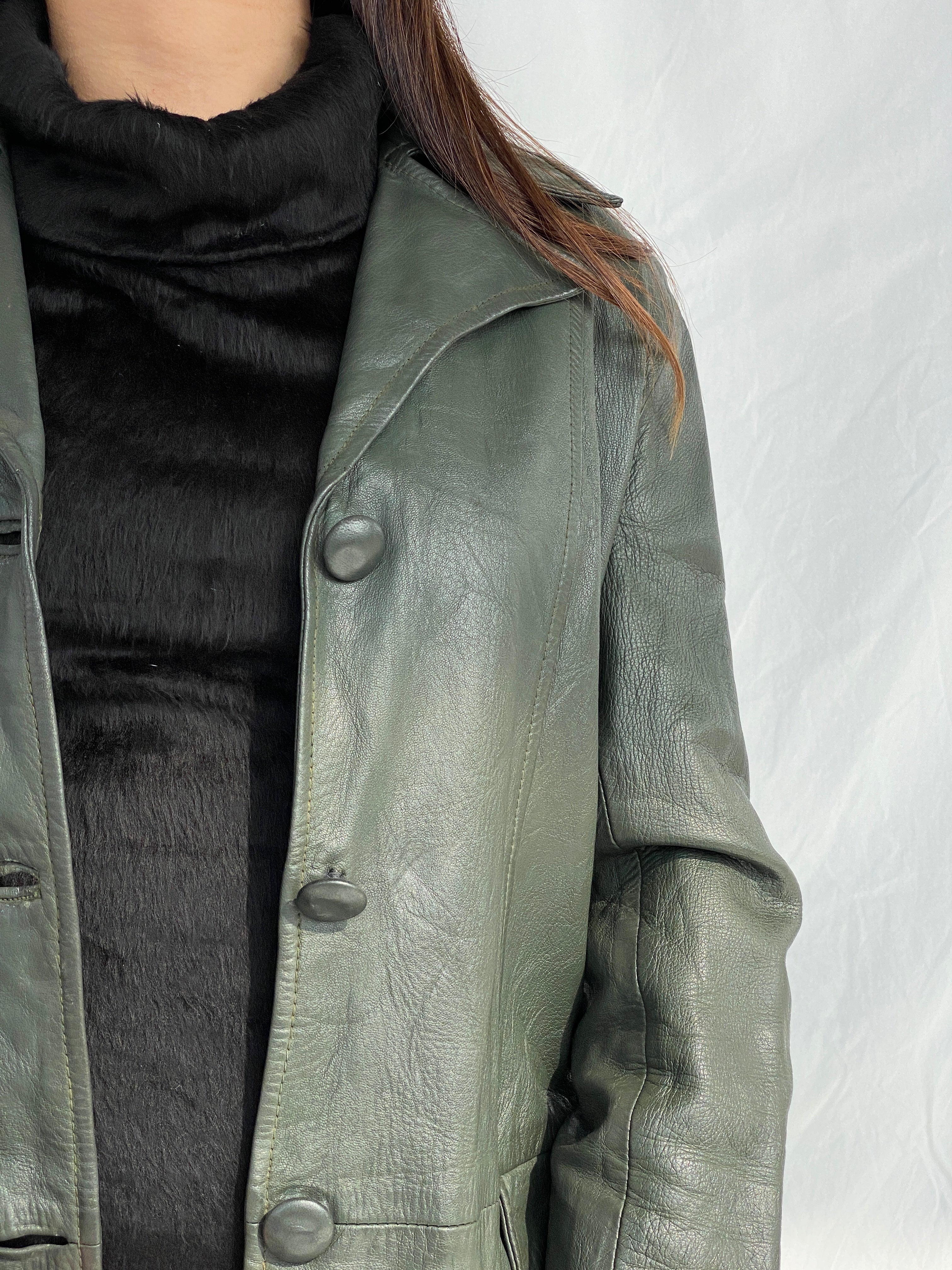 Vintage 90s Genuine Leather Olive Green Coat - L