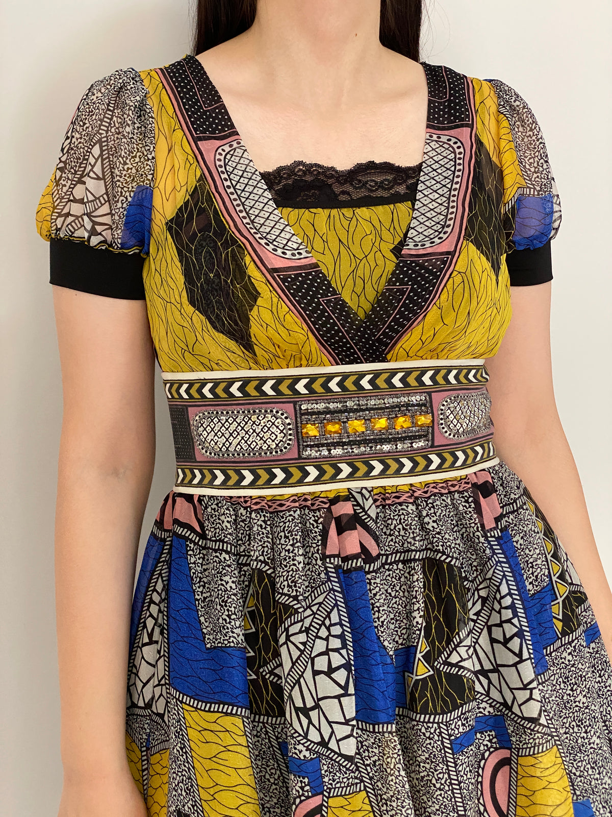 Y2K Whimsical Vini Kawen Mustard Geometric Embellished Dress – M
