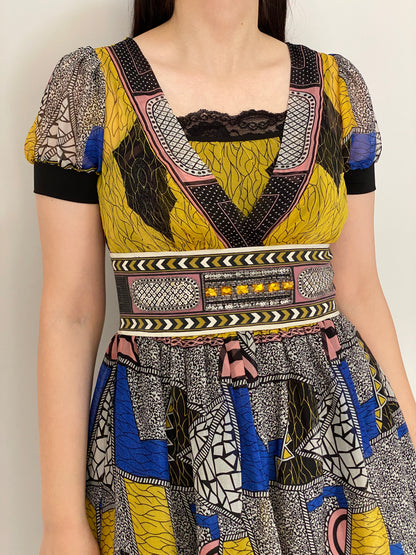 Y2K Whimsical Vini Kawen Mustard Geometric Embellished Dress – M