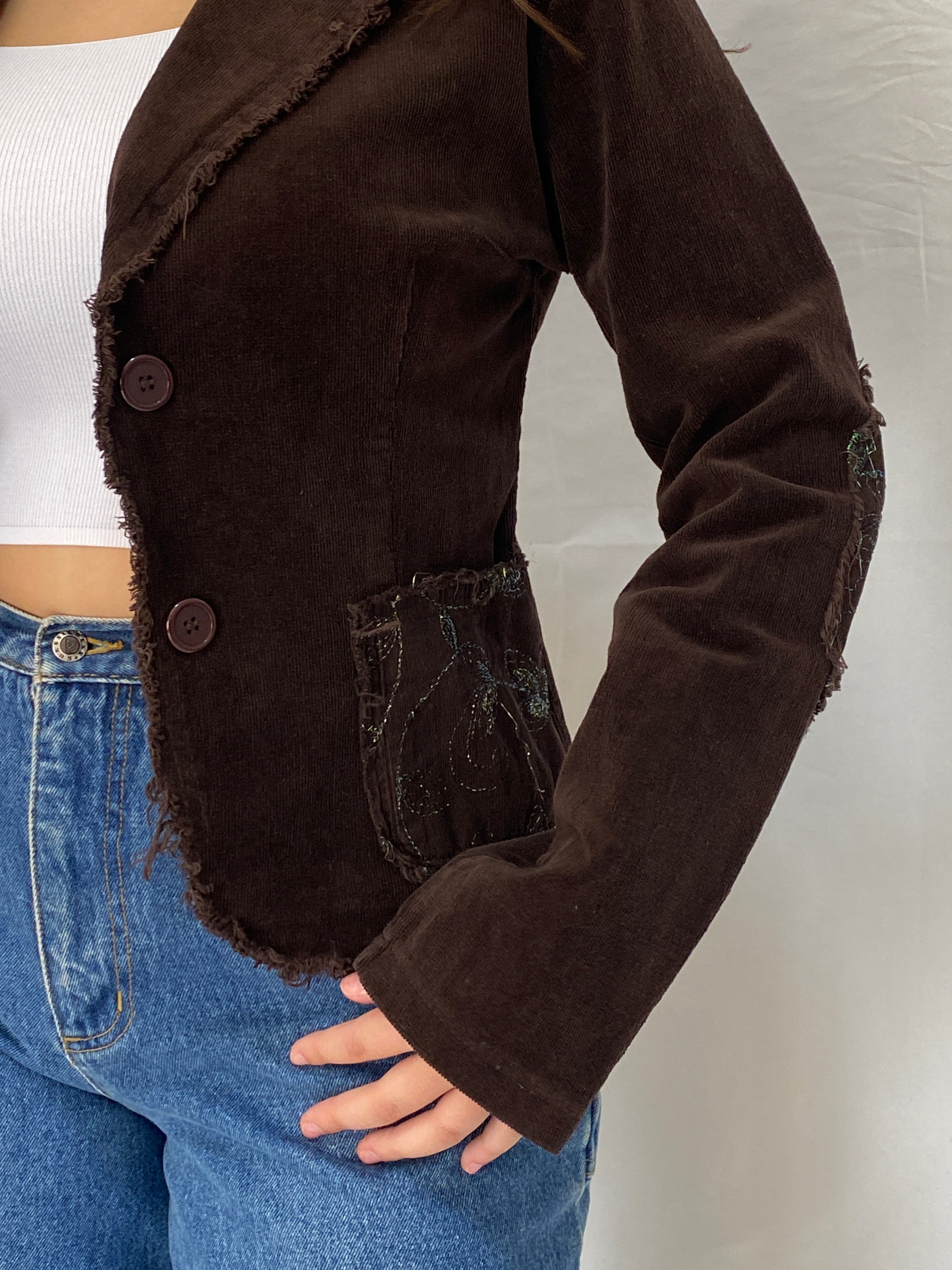 Vintage Y2K Italian Corduroy Blazer  Chocolate Distressed Raw Edge Embroidered Jacket - S