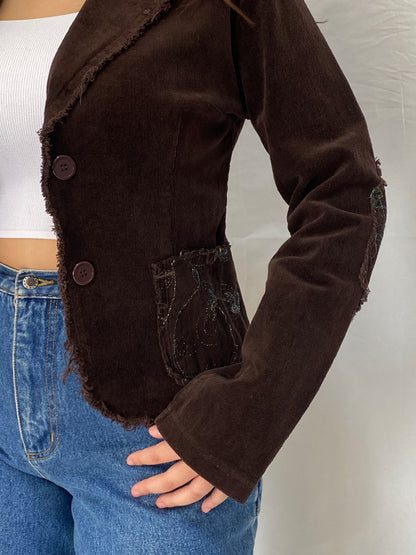 Vintage Y2K Italian Corduroy Blazer  Chocolate Distressed Raw Edge Embroidered Jacket - S
