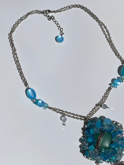 Vintage Y2K Blue Beaded Silver Tone Fringe Pendant Necklace