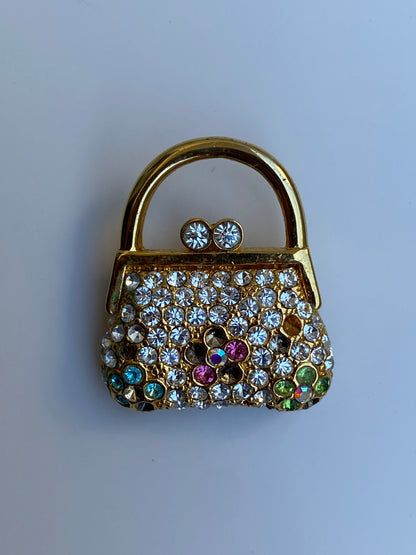 Vintage JS Gold-Tone Rhinestone Handbag Brooch Multicolor Crystal Purse Pin