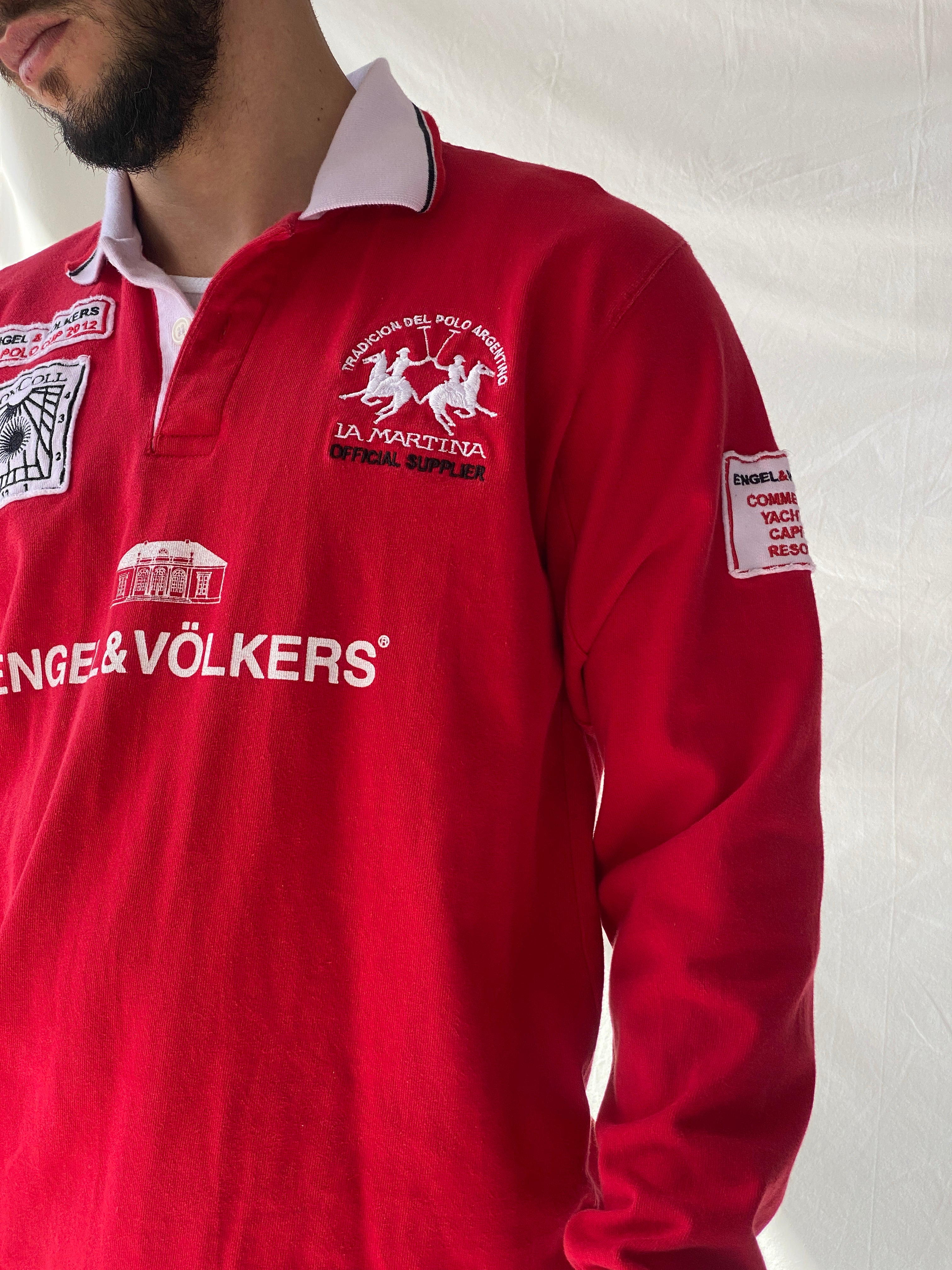 قميص بولو إنجل آند فولكرز 2012 بولو كاب أحمر بأكمام طويلة من القطن - مقاس متوسط