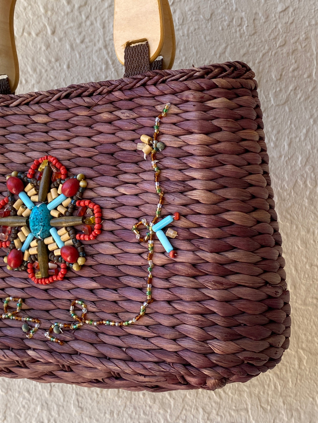 Vintage White Stag Beaded Boho Straw Purse Brown Wood Handle Y2K Brown turquoise Handbag