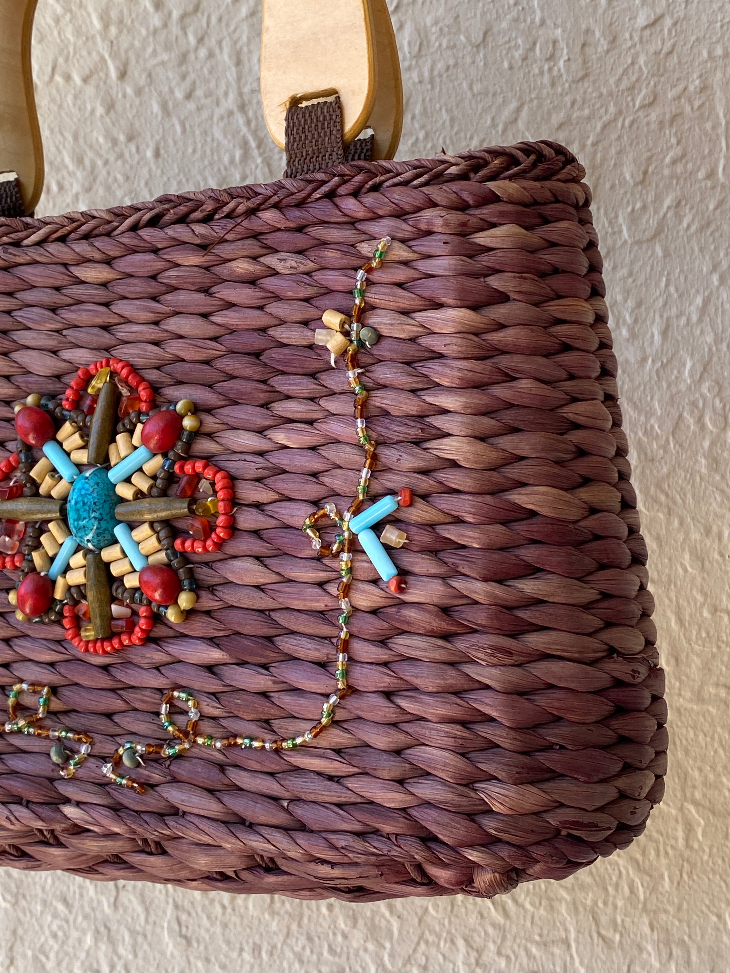 Vintage White Stag Beaded Boho Straw Purse Brown Wood Handle Y2K Brown turquoise Handbag