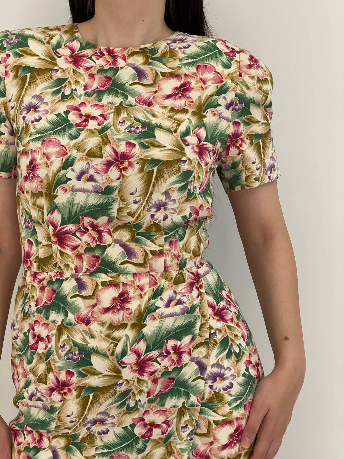 Vintage 90s Liz Claiborne Cream Rayon Tropical Floral Wrap-Style Dress - S