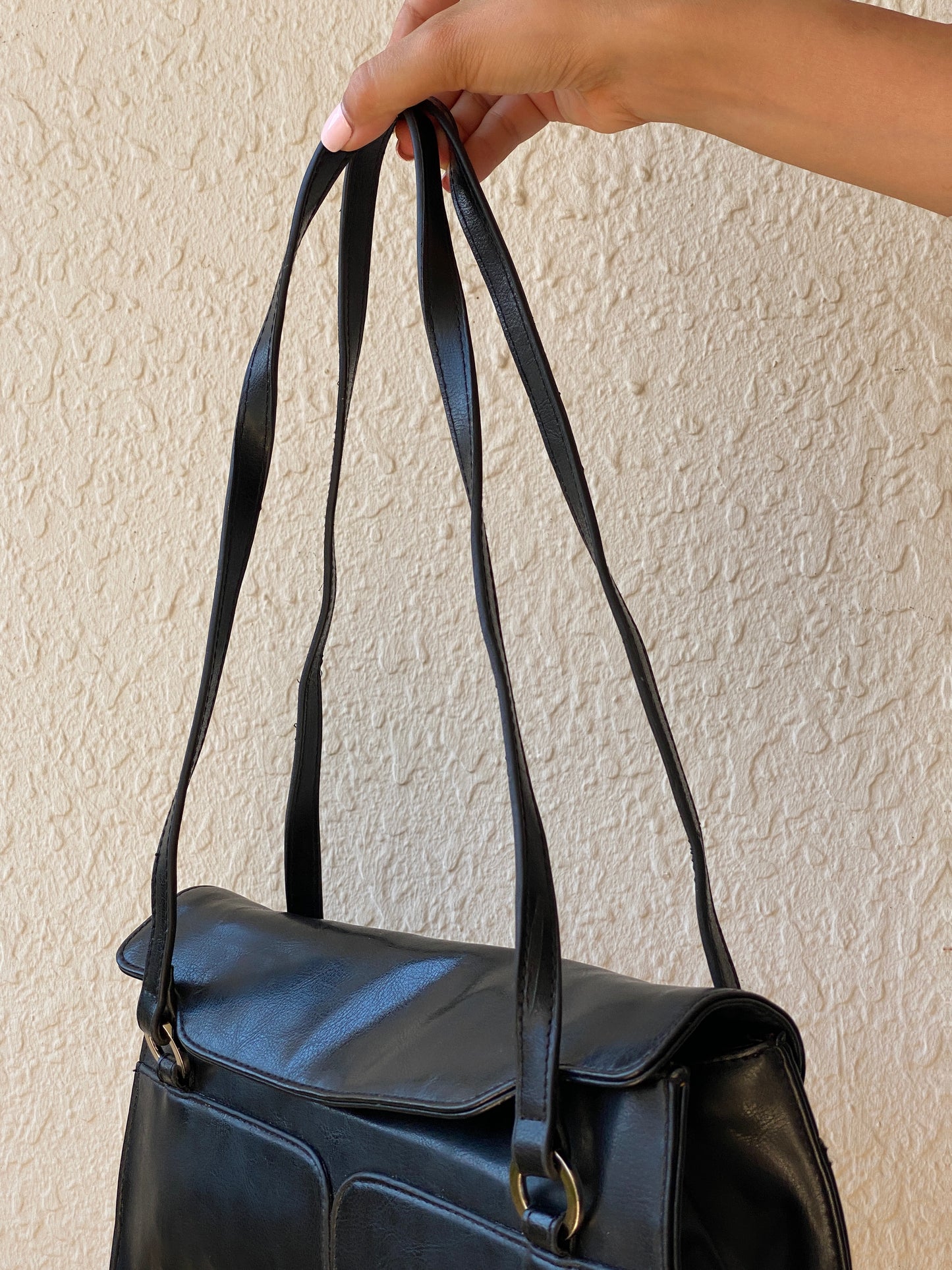 Vintage 90s Black Minimalist Double Pocket Shoulder Bag