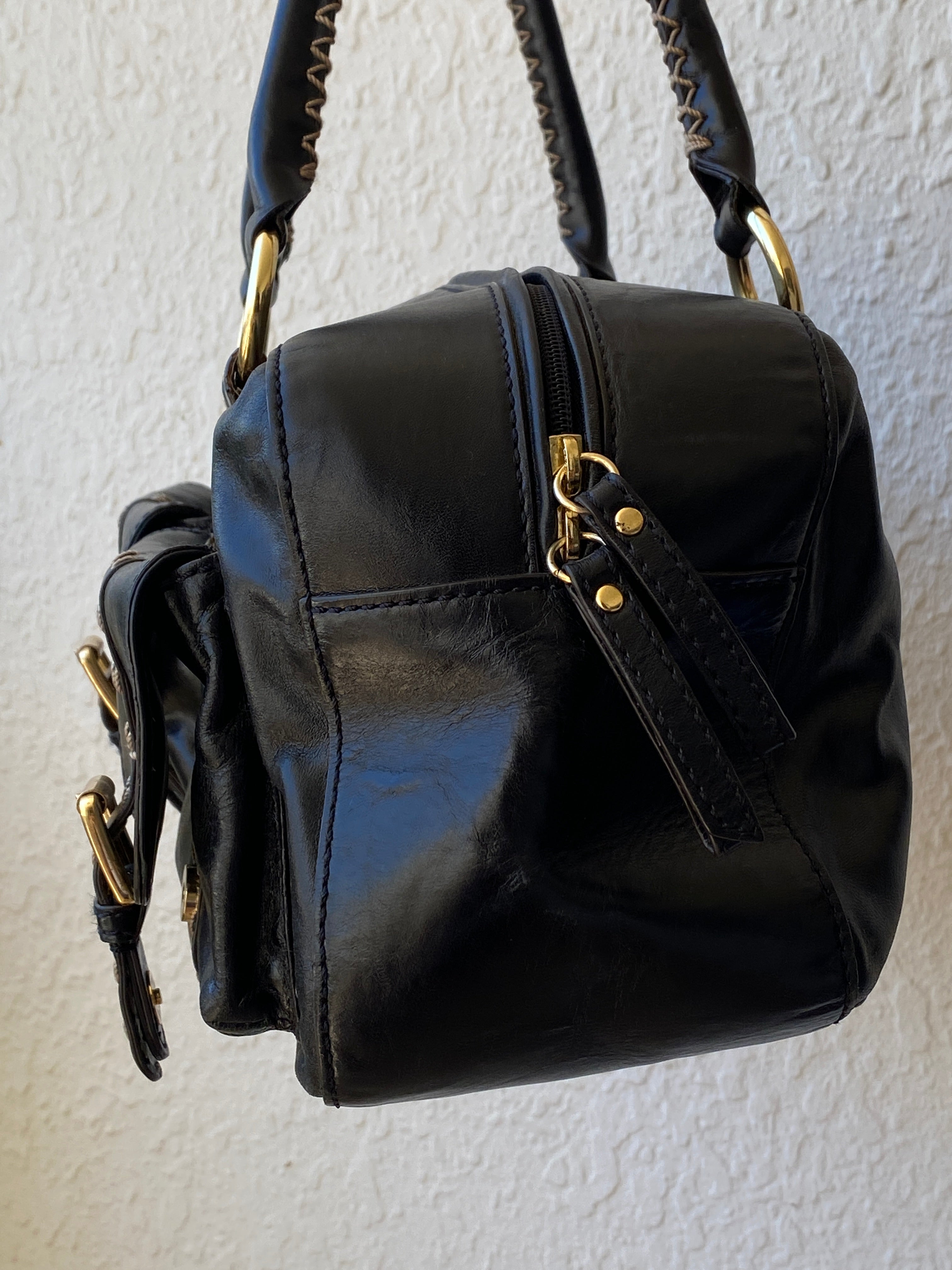 Vintage Hype Genuine Leather Satchel Shoulder Bag Black with Buckle & Stitching Detail Purse
