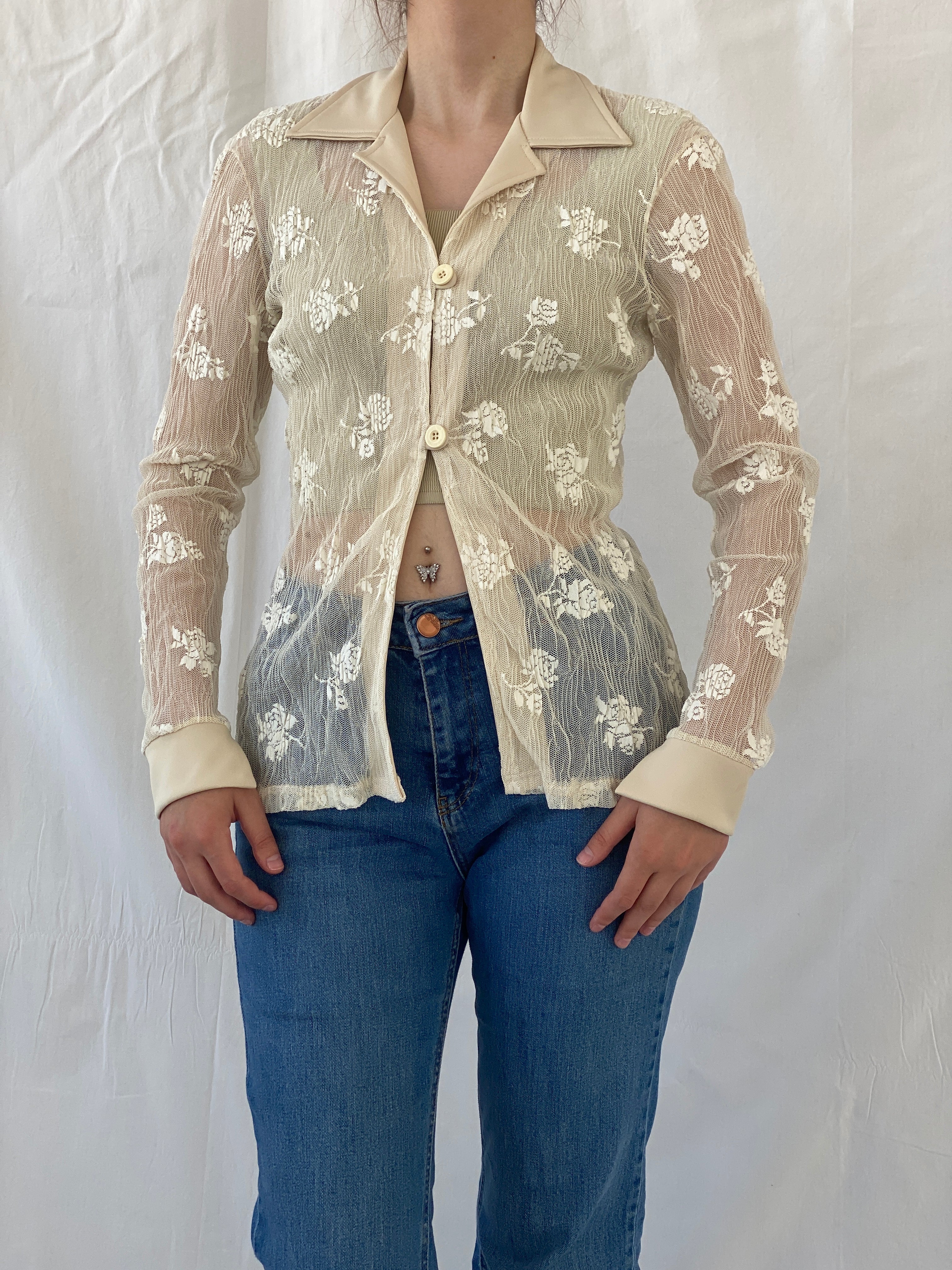 Vintage R&B Rebecca Blu Beige Floral Mesh Cardigan Shirt - M