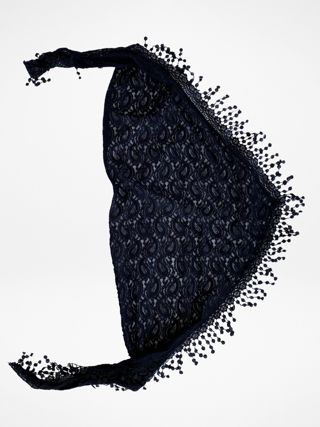 OIS Black Lace Triangle Scarf Sheer Fringed Evening Shawl / Headscarf