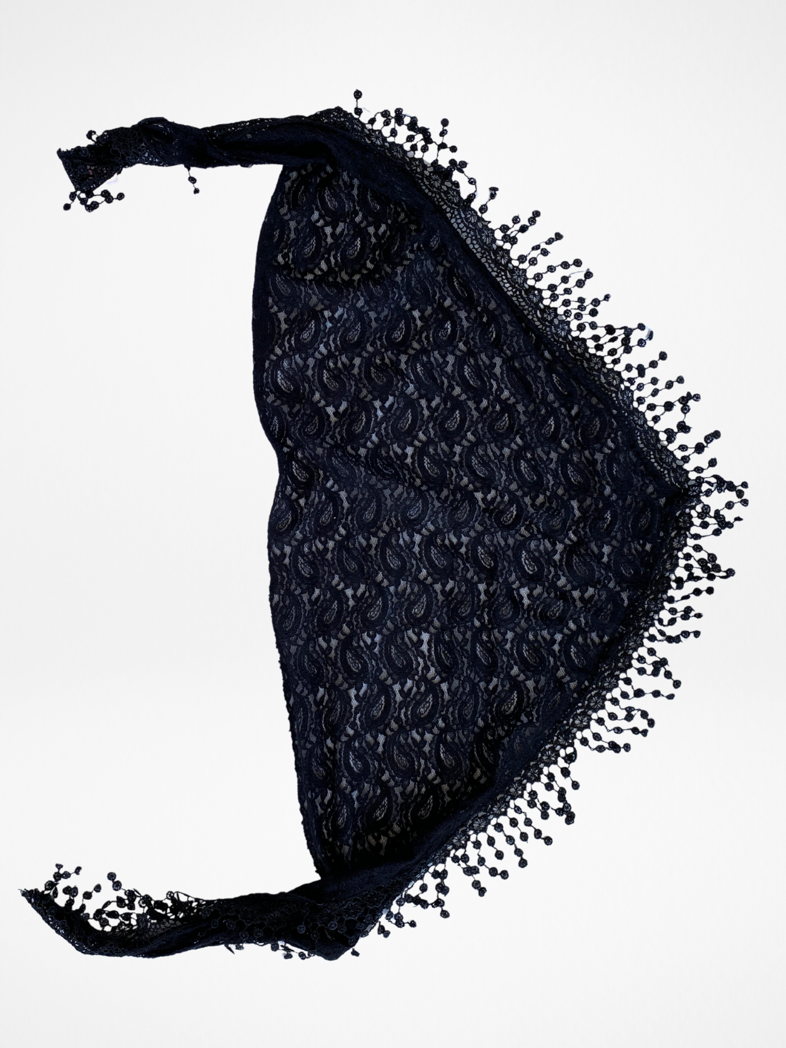 OIS Black Lace Triangle Scarf Sheer Fringed Evening Shawl / Headscarf