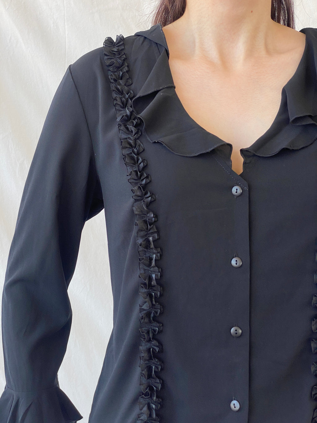 Y2K Under Cover Wear Black Ruffled Office Button Up Shirt - L