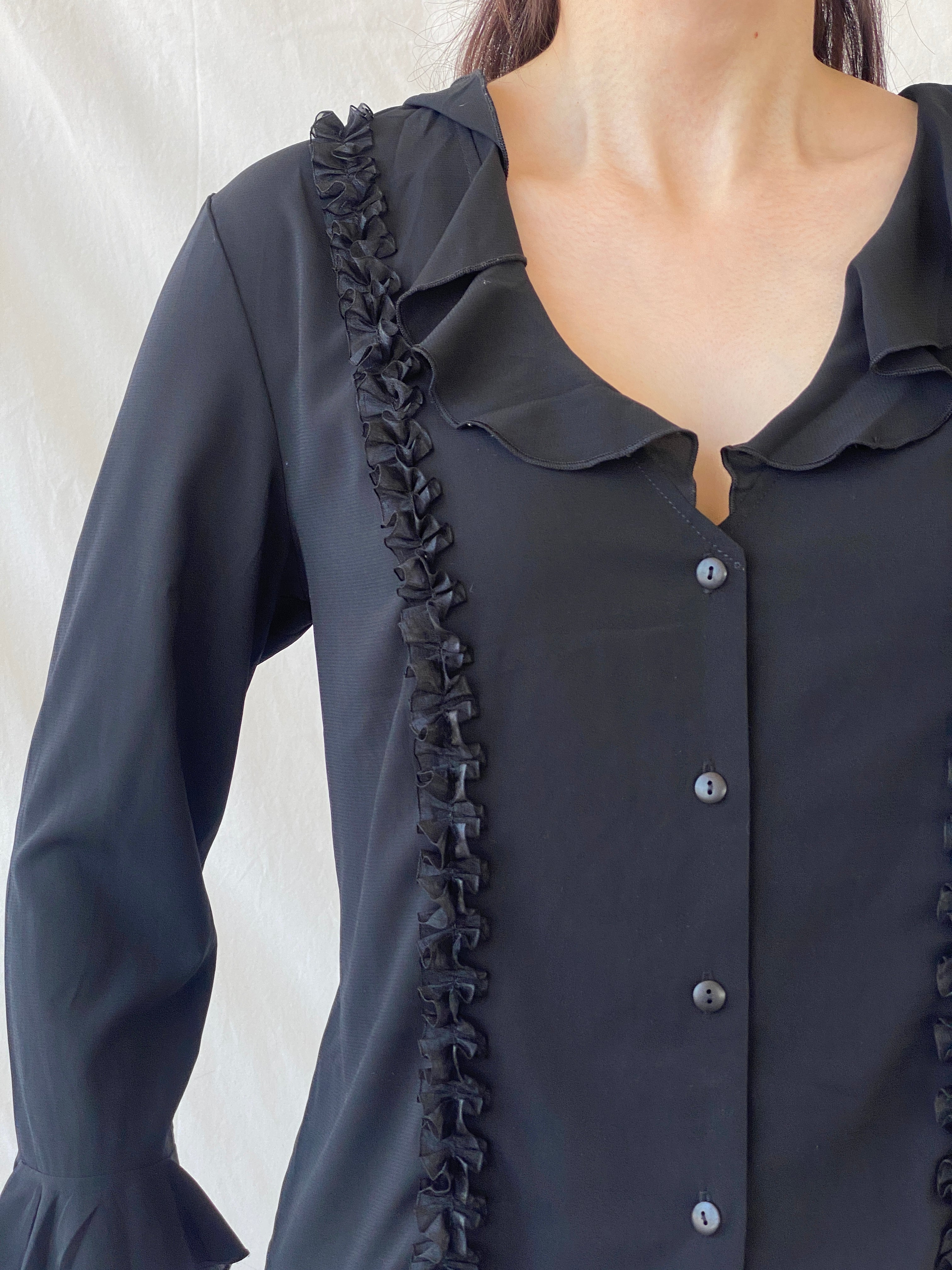 Y2K Under Cover Wear Black Ruffled Office Button Up Shirt - L