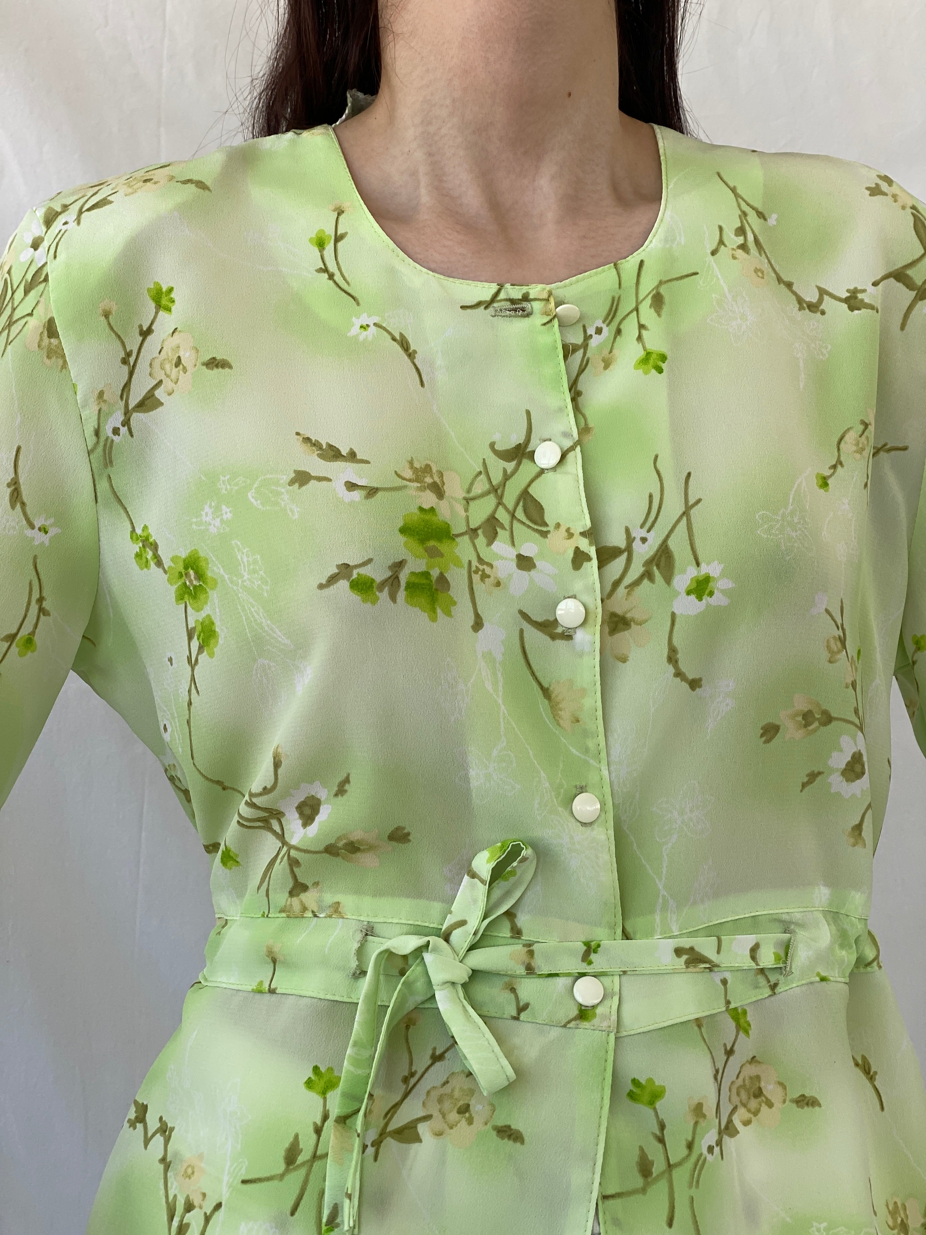 Vintage Lime Green Floral Waist Tie Button Up Short Sleeve Shirt - L