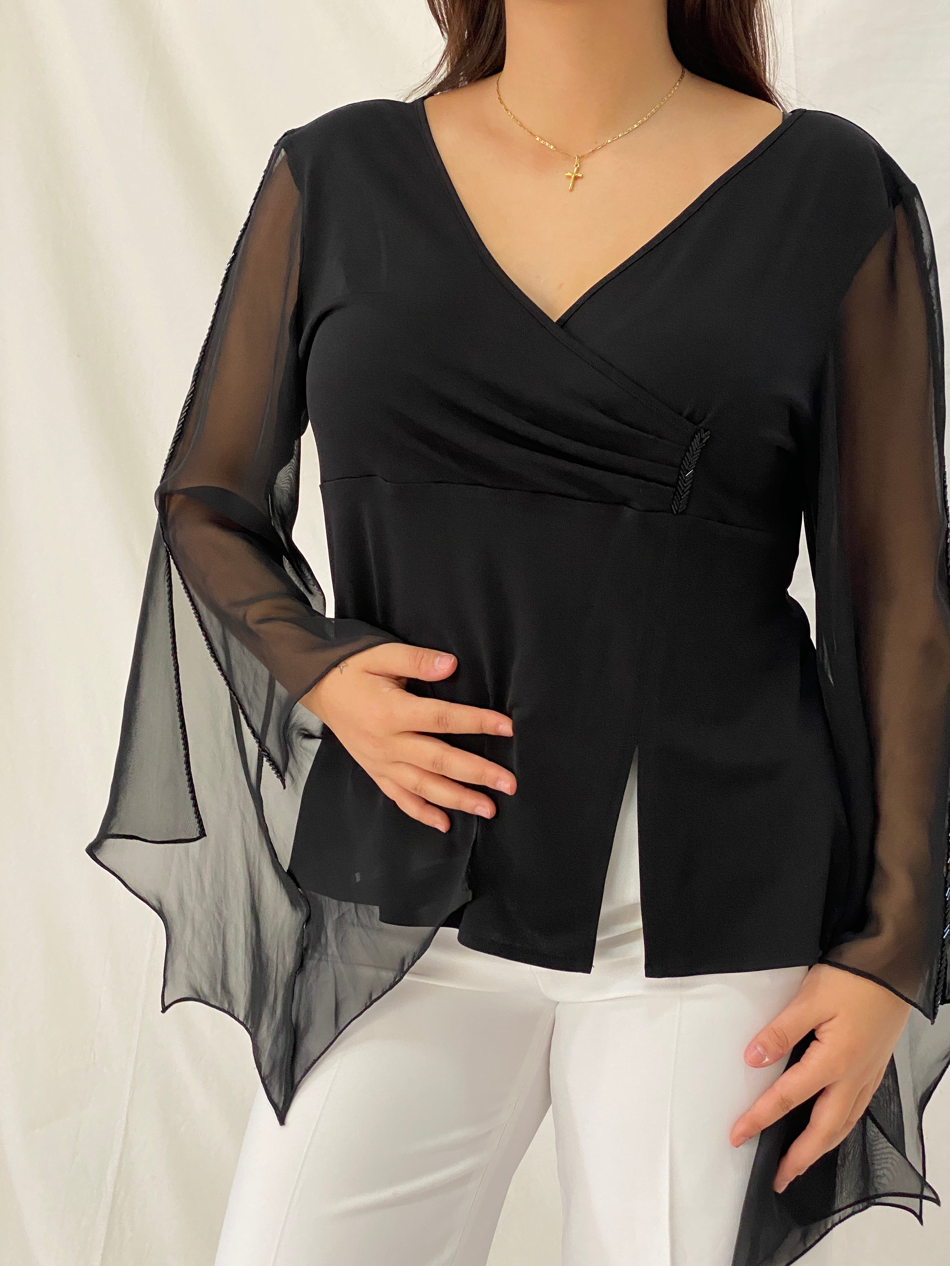 Vintage DORCA Black Sheer Beaded Bell Sleeve Top Blouse - L