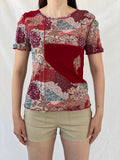 Y2K Daxon Red Patchwork Style Floral Short Sleeve Mesh Top - L