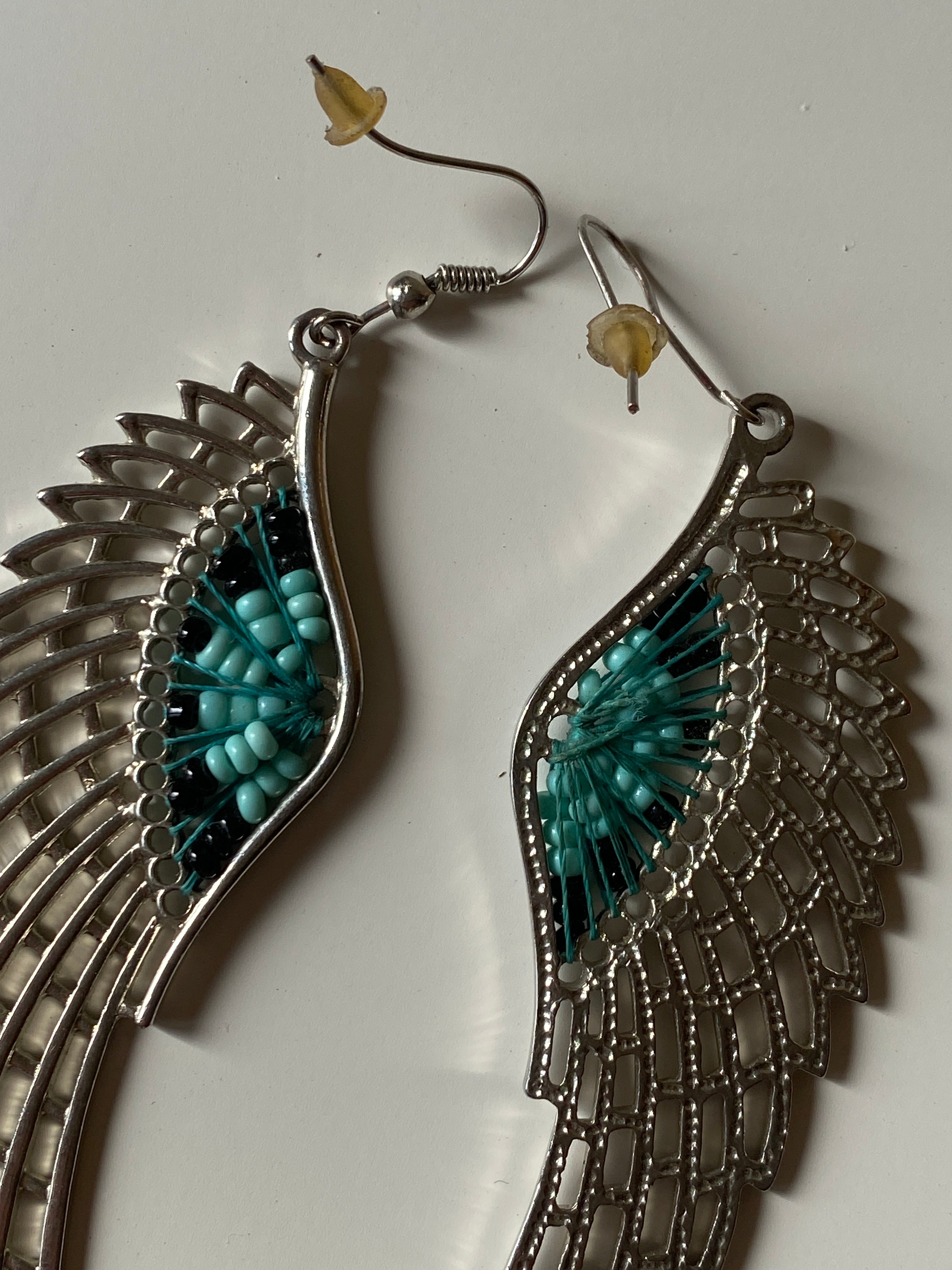 Vintage Silver Tone Angel Wing Turquoise Bead Inlay Boho Dangle Earrings
