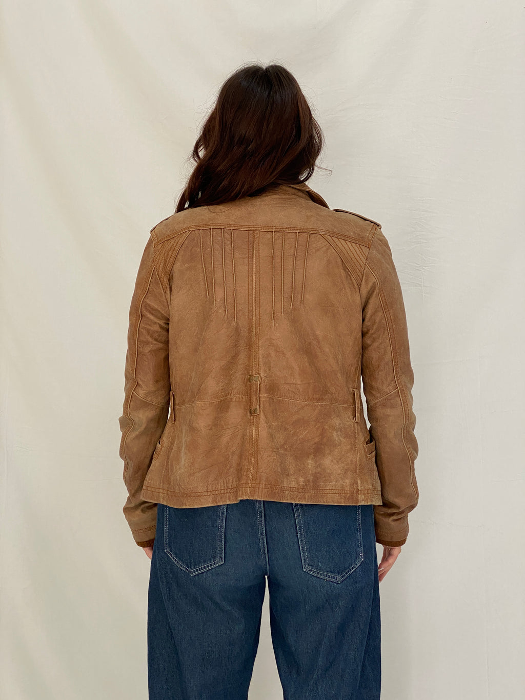 Y2K Stradivarius Real Leather Moto Tan Leather Biker Jacket - M