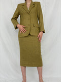 Vintage Handmade Checkered Yellow & Green Wool Blend Blazer Skirt Set - M