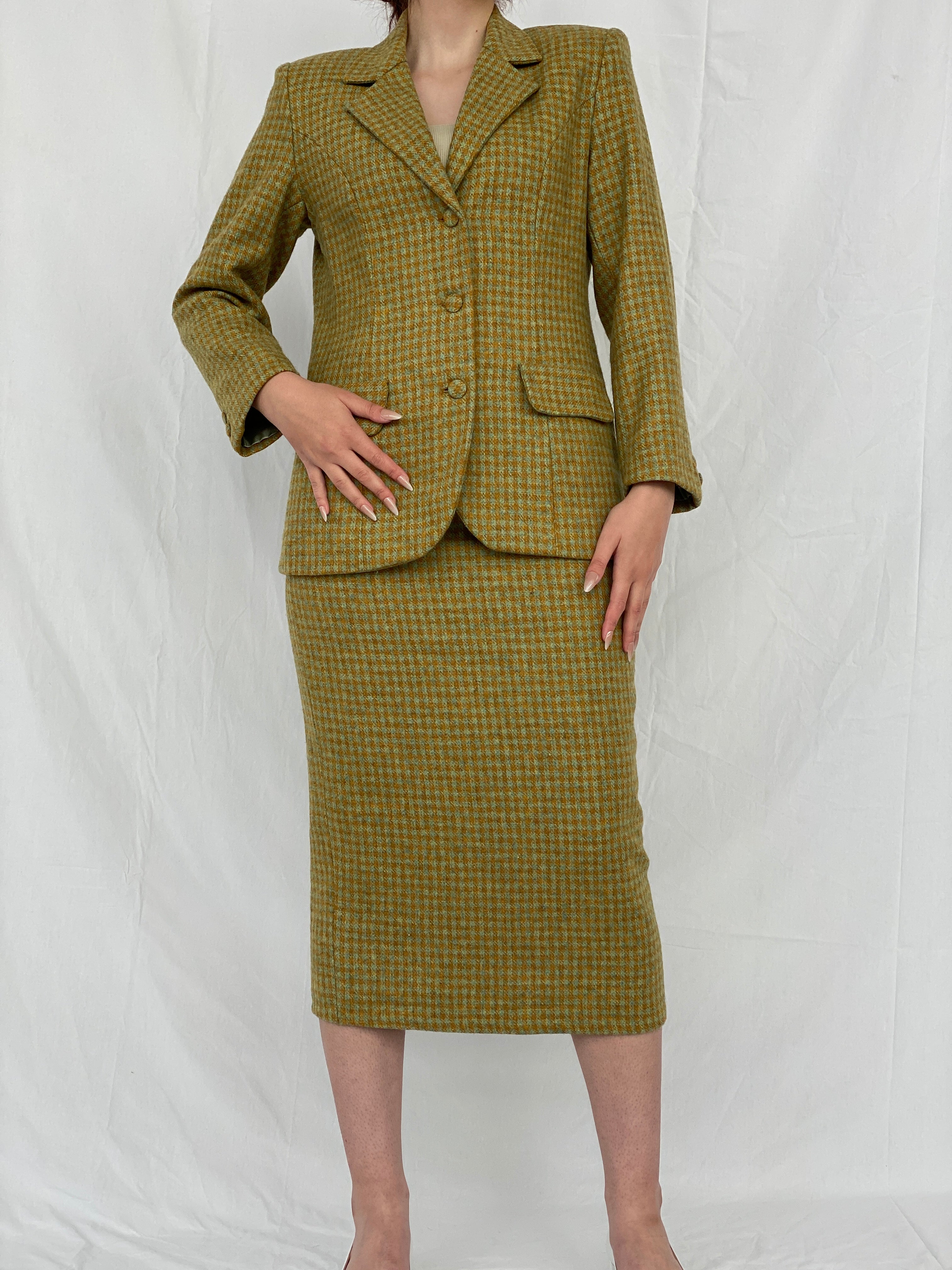Vintage Handmade Checkered Yellow & Green Wool Blend Blazer Skirt Set - M