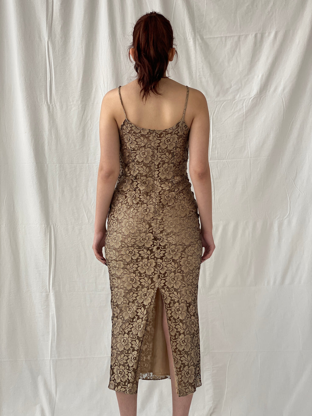 Vintage 90s Wallis Black Gold Lace Maxi Slip Dress with Back Slit - M
