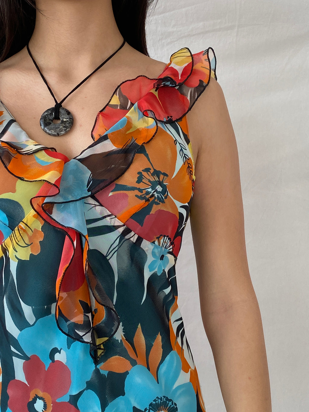 Y2K Floral Blue & Orange Ruffled Midi Dress - M