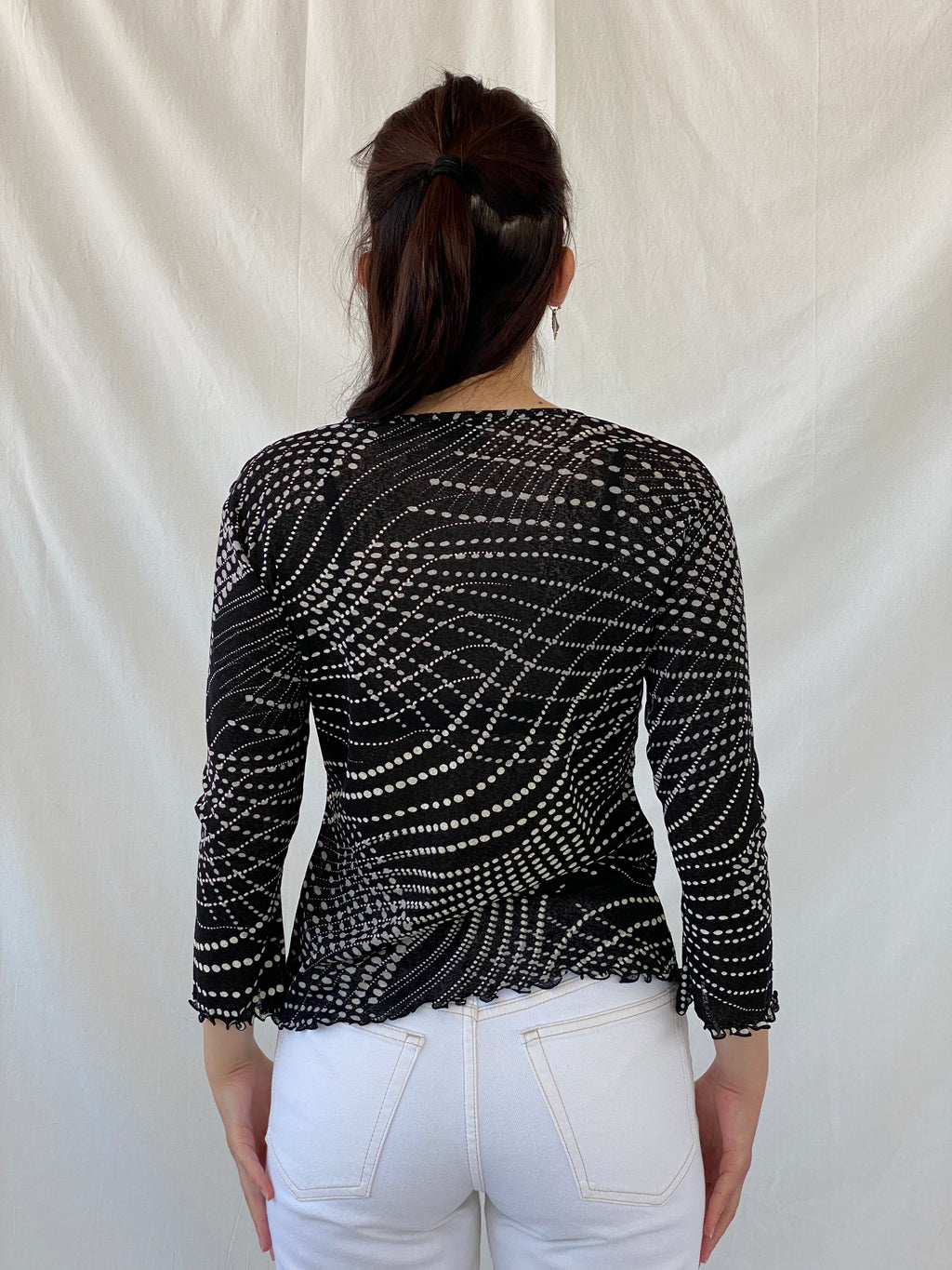 Vintage 90s SOLO Italy Black White Polka Dot Long Sleeve Mesh Top - L