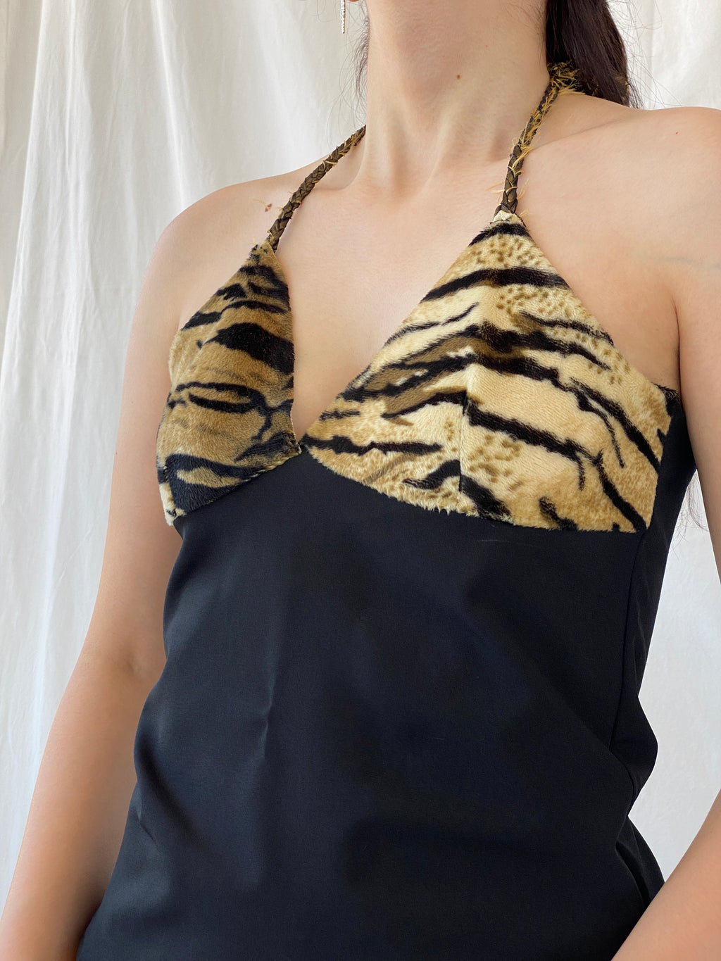 Vintage Y2K Black Halter Top Leopard Fuzzy Backless Top - M