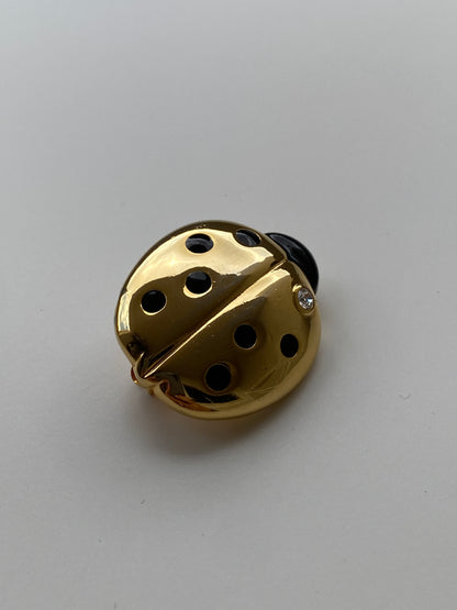Vintage 80s–90s Gold Tone Black Enamel Ladybug Brooch with Crystal Accent