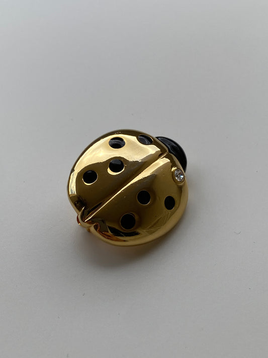 Vintage 80s–90s Gold Tone Black Enamel Ladybug Brooch with Crystal Accent