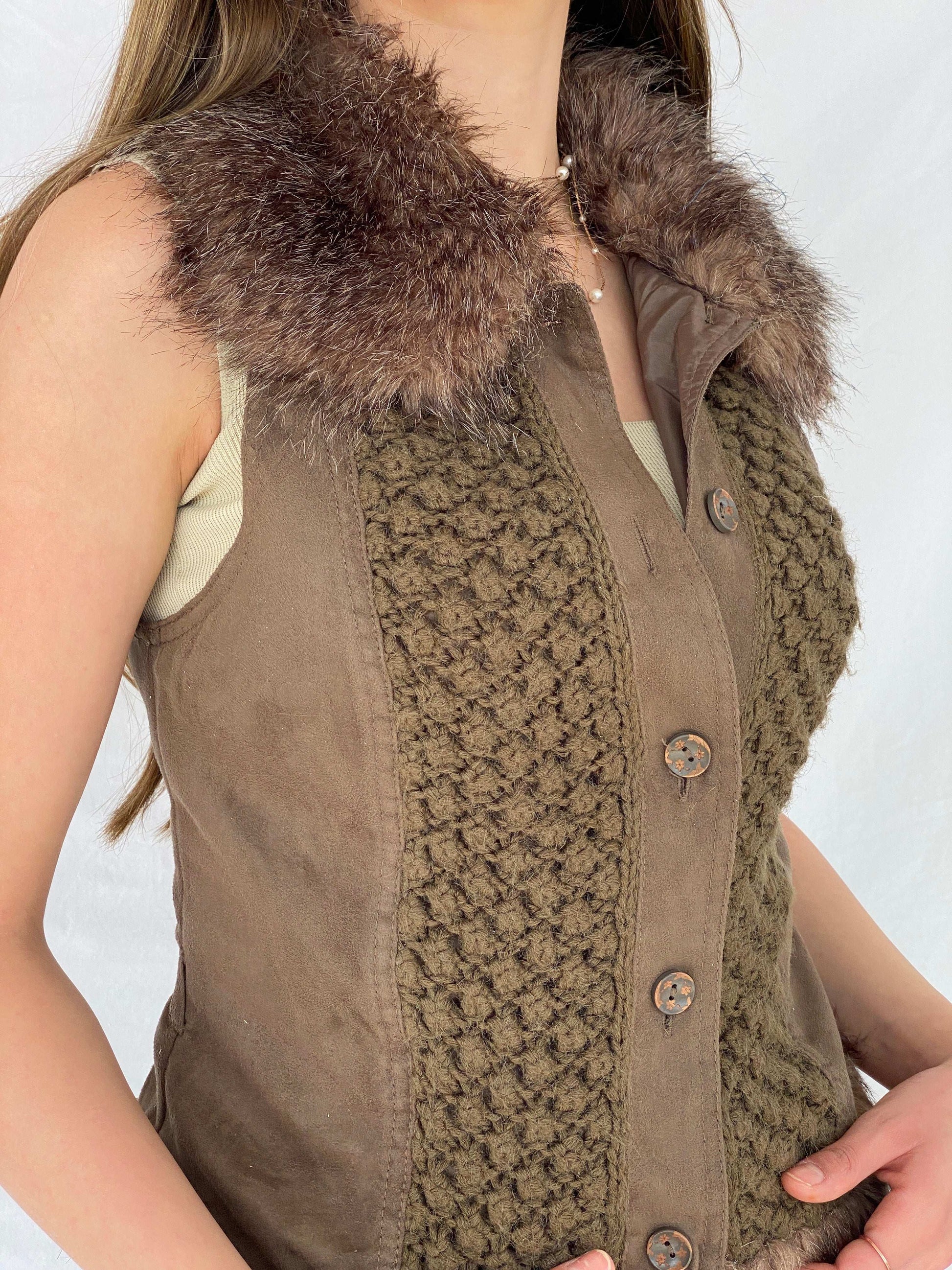 Gorgeous Y2K Suede and Knit Promod Button Up Vest - Balagan Vintage Vest 00s, knitted vest, Mira, NEW IN, vest