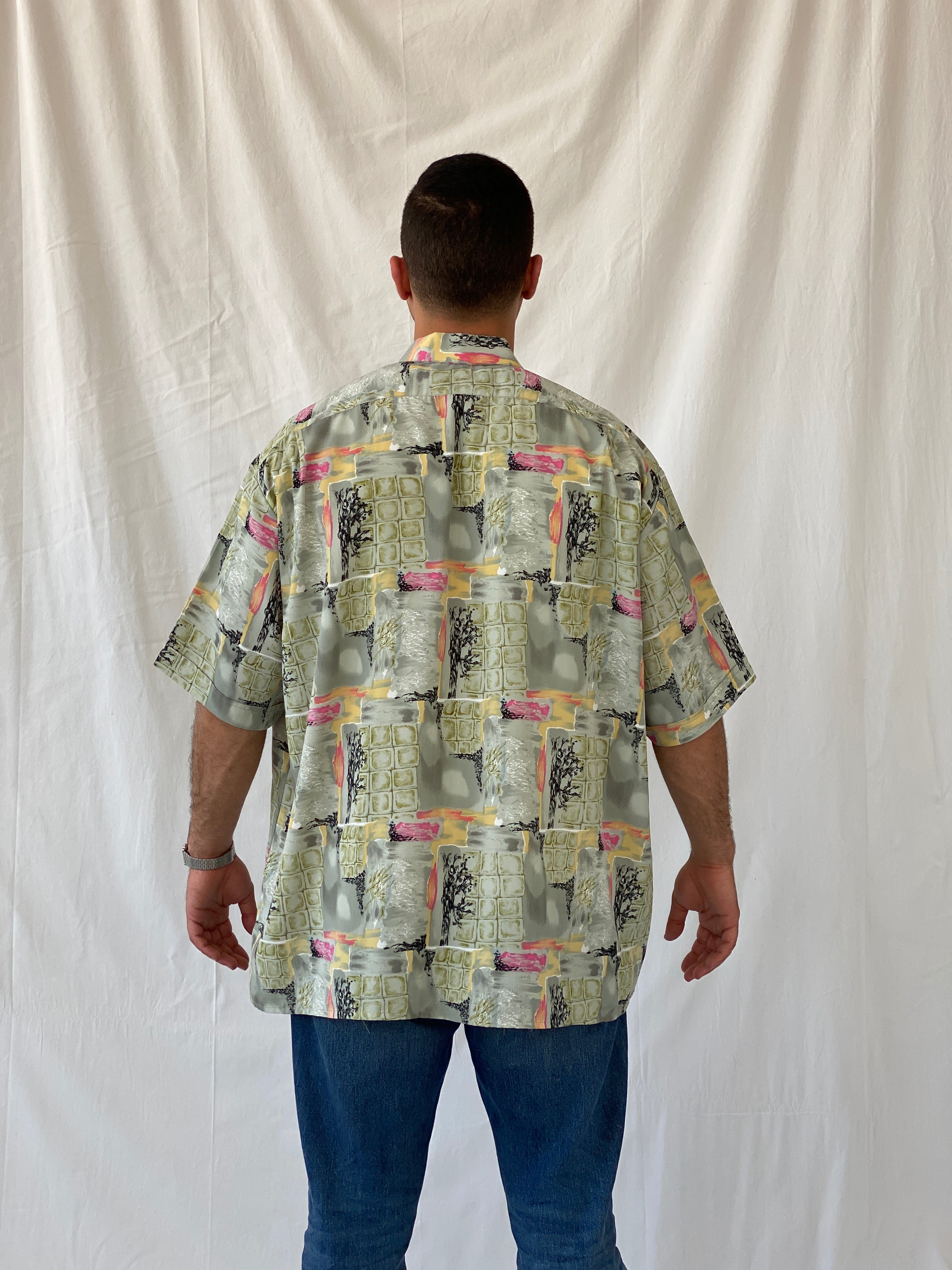 Vintage 90s ريڤوڤ Abstract Green Oversized Men’s Short Sleeve Shirt - XL