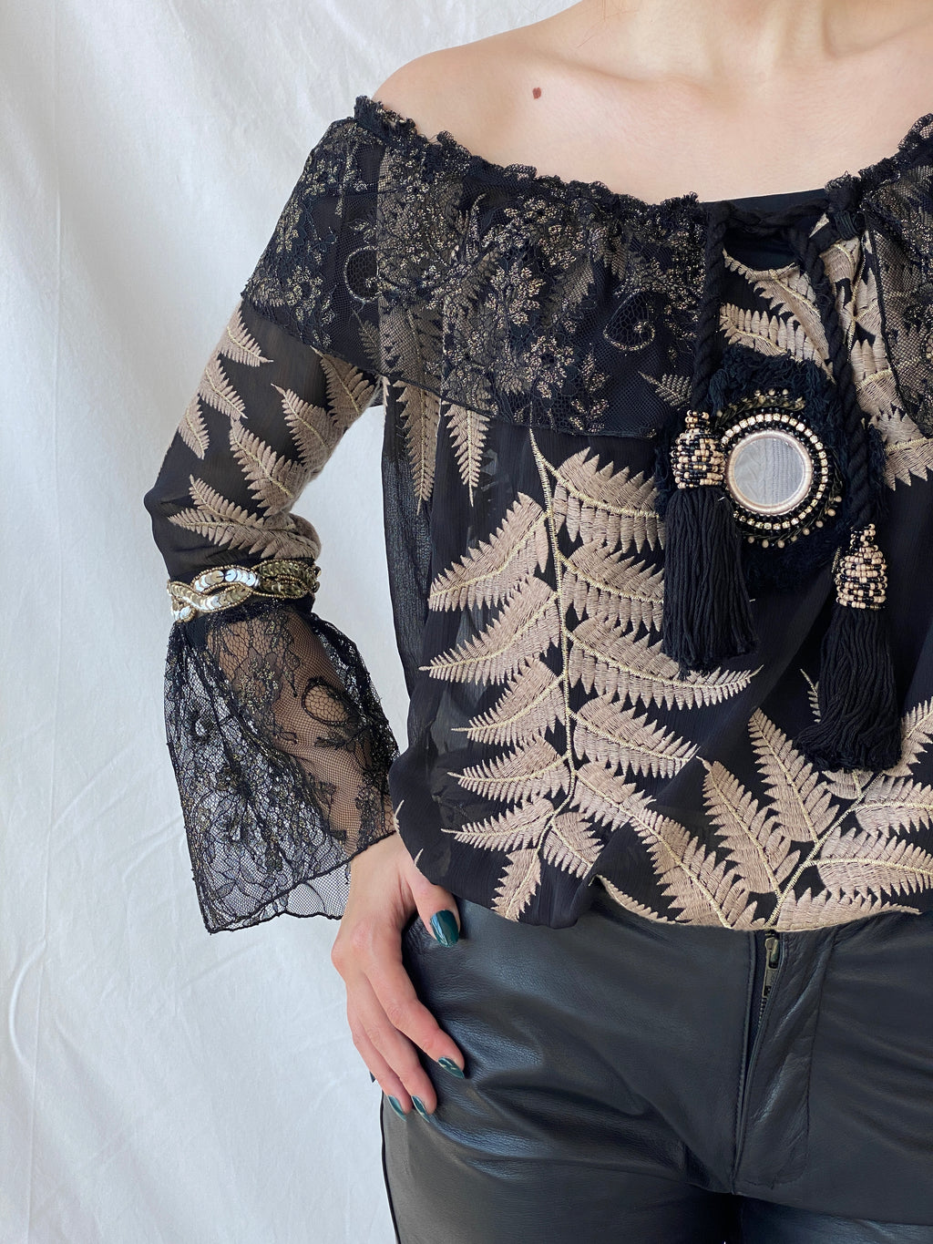 Laurie And Joe Bohemian Black Sheer and Lace Embroidered Off Shoulders Top - M