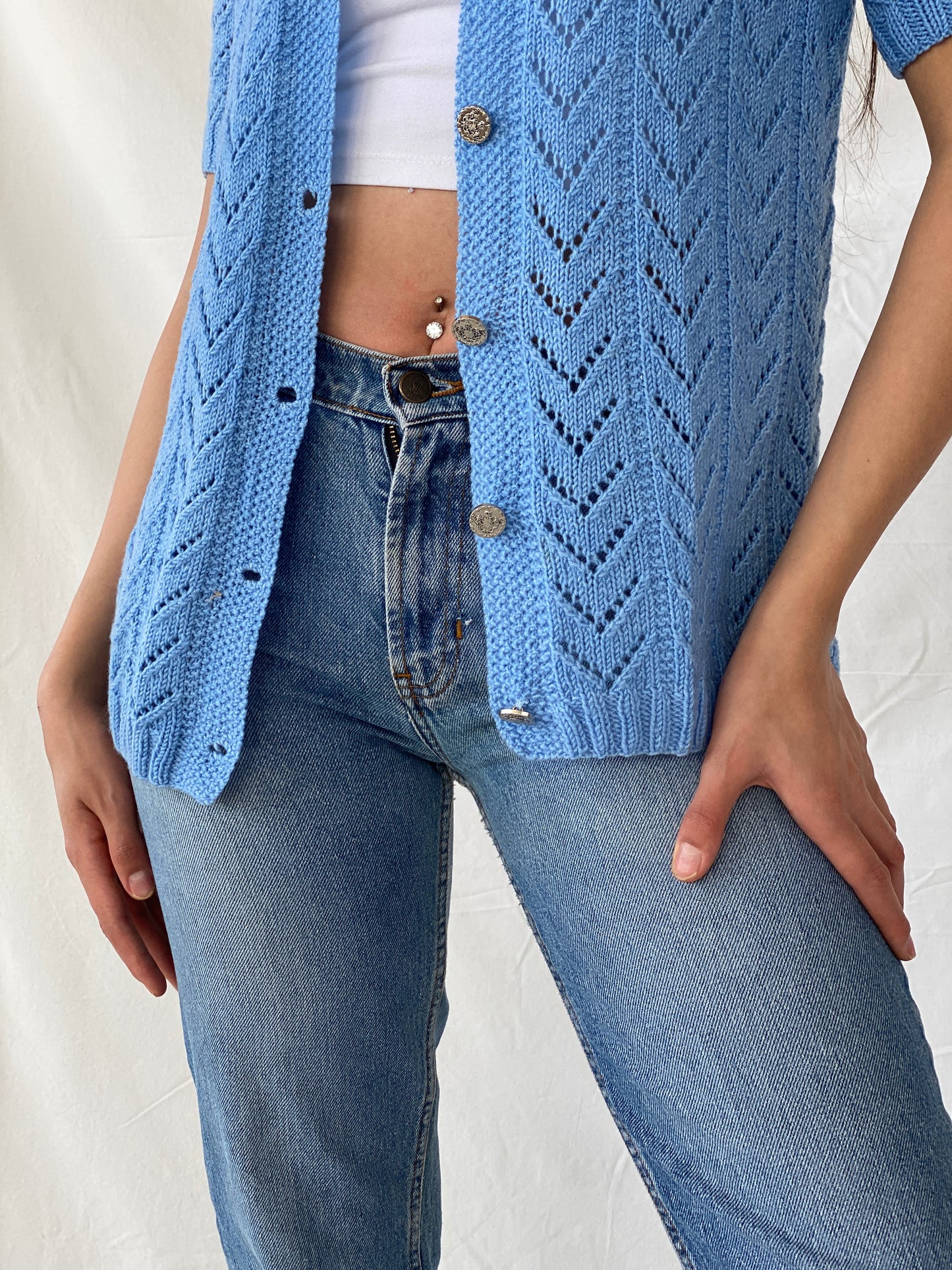 Vintage Handmade Blue Knitted Vest - L