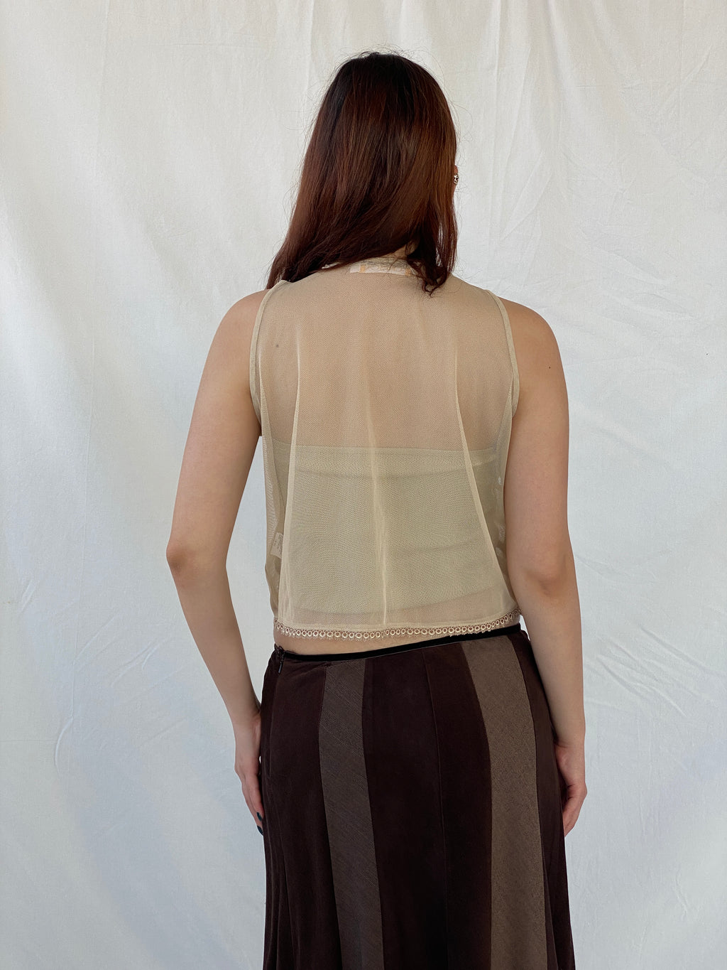 Vintage CRiSCA Beaded Coquette Beige Fairycore Mesh Vest - L