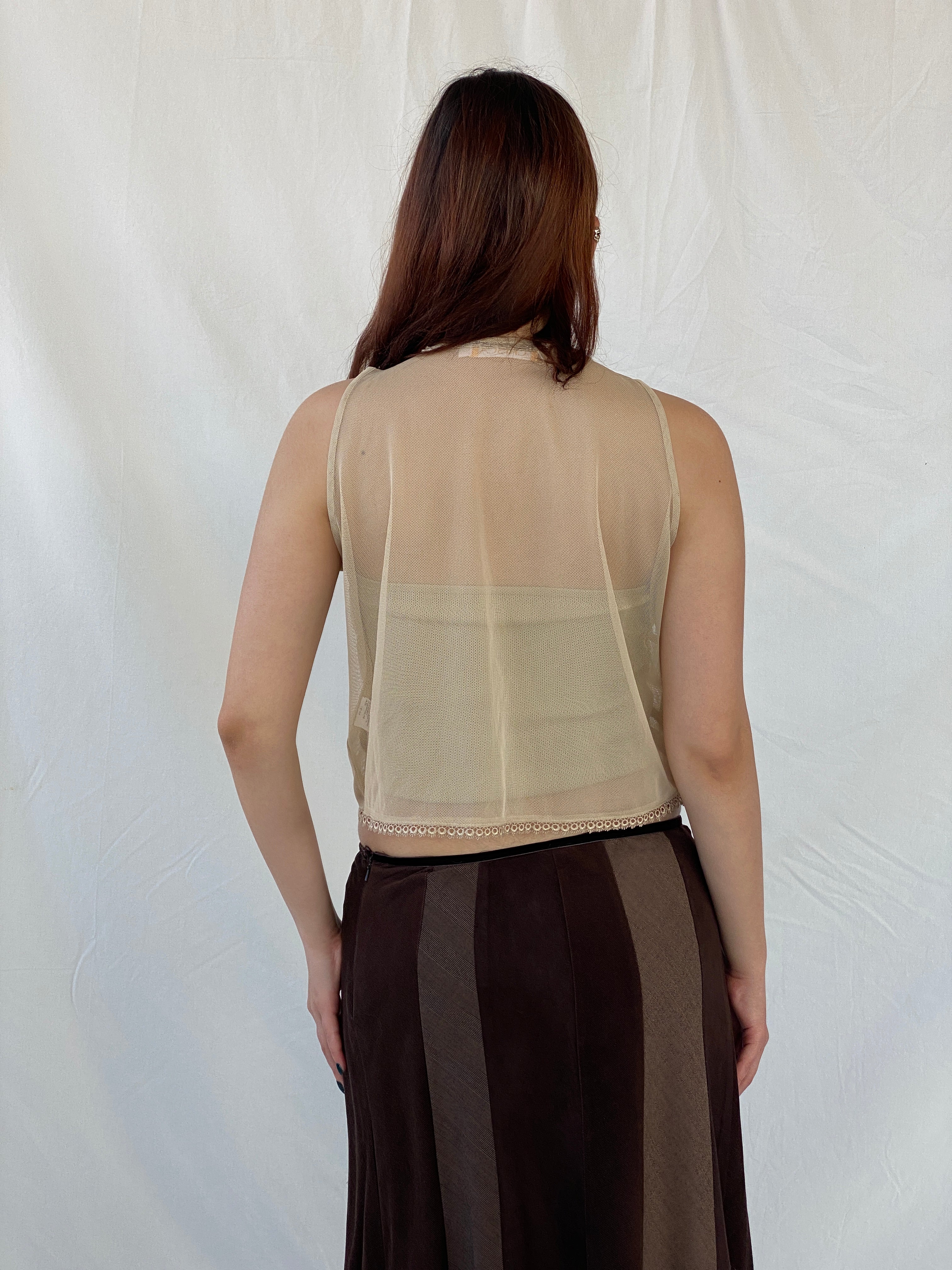 فينتاج كريسكا سترة شبكية باللون البيج مطرزة بالخرز - L